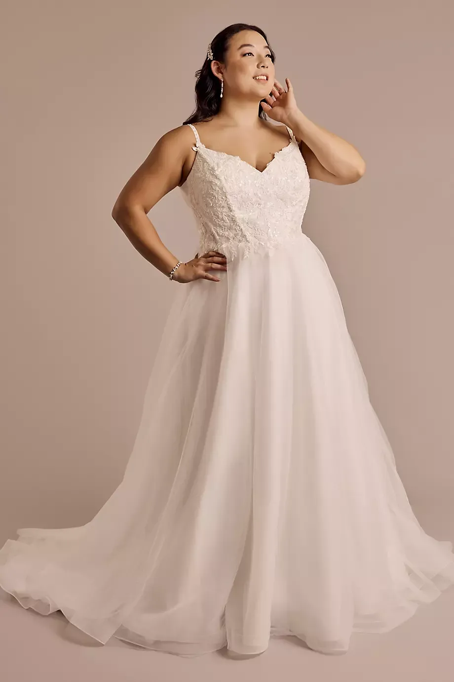 DB Studio Spaghetti Strap Lace Applique Ball Gown in Solid Soft White Size: 18W David's Bridal