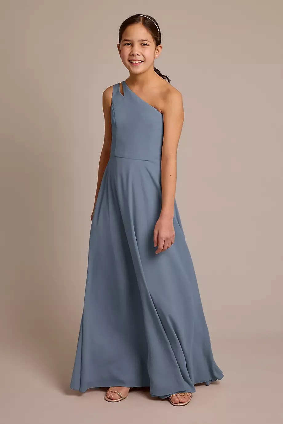 Celebrate DB Studio Chiffon One-Shoulder Junior Dress in Steel Blue Size: 16 David's Bridal