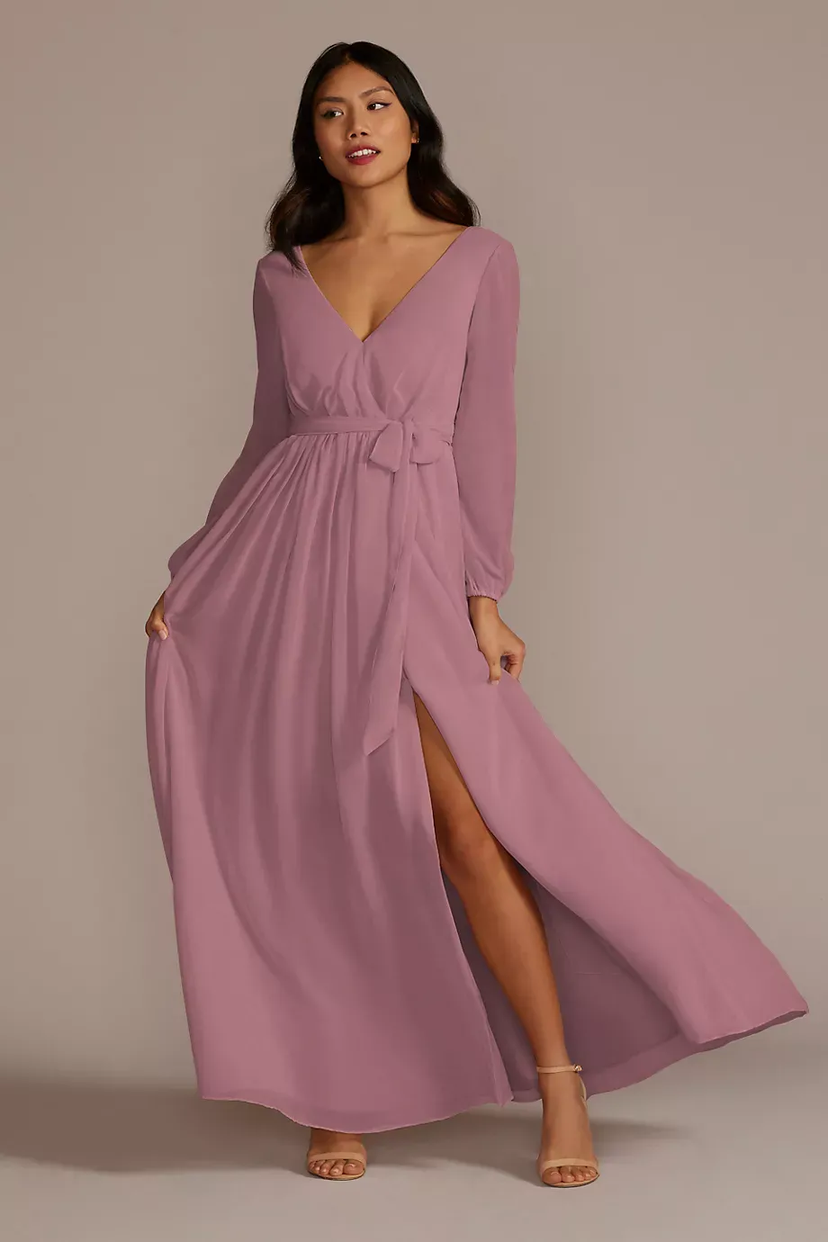 Celebrate DB Studio Long Sleeve Chiffon Dress With Slit in Quartz Size: 0 David's Bridal