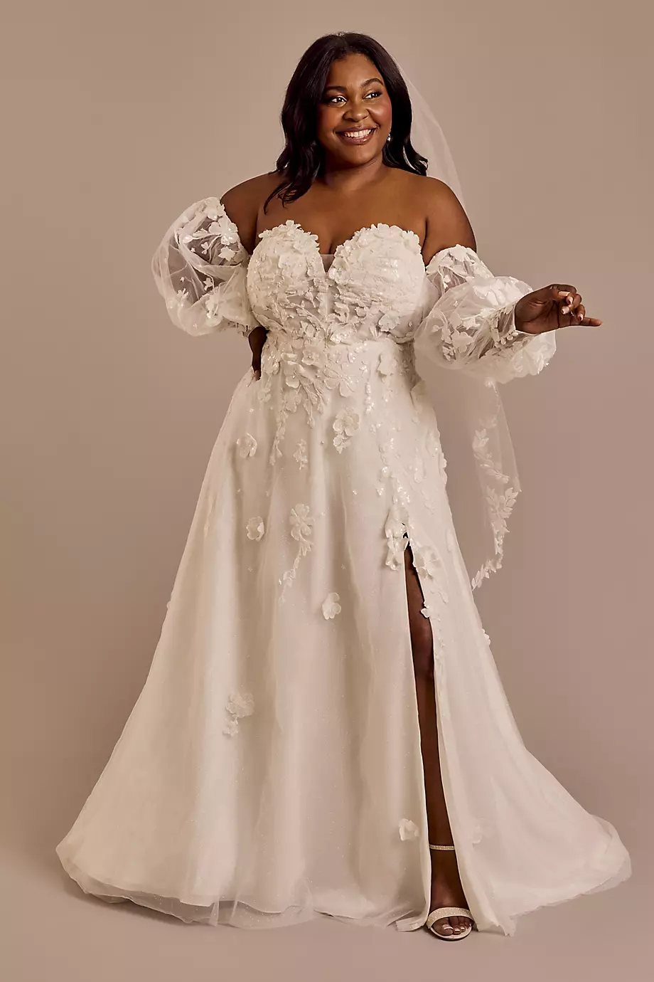 Melissa Sweet Off-The-Shoulder Long Billow Sleeve Wedding Dress in Solid Ivory Size: 24W David's Bridal