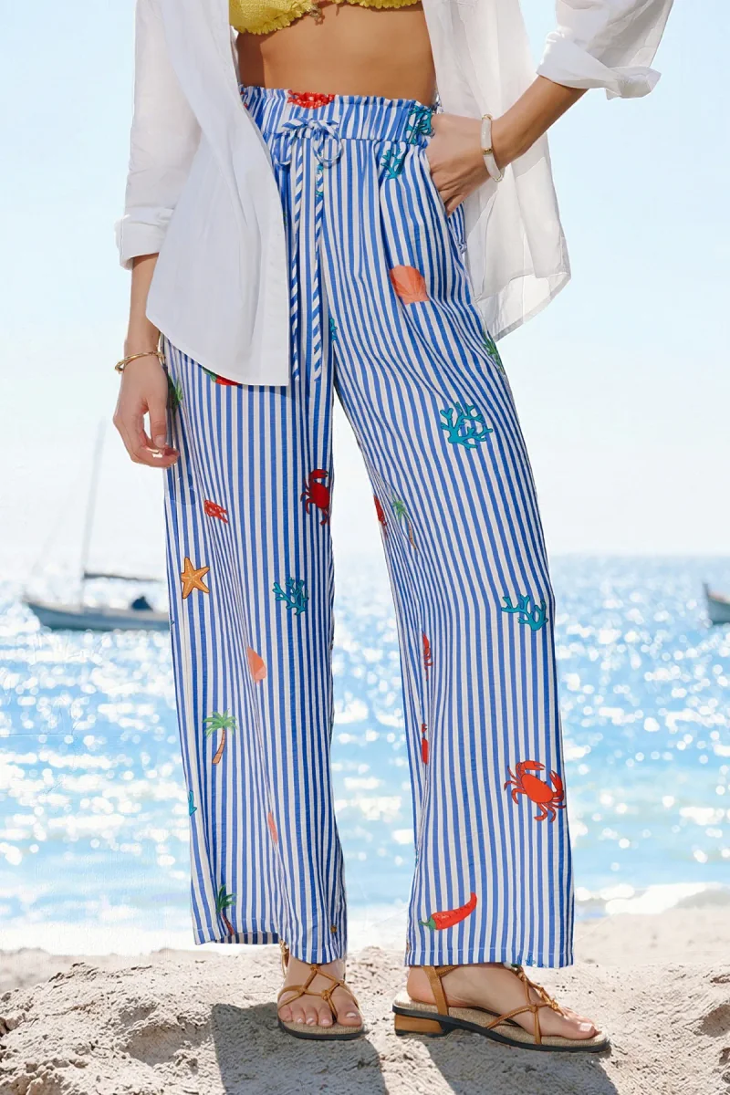 Cupshe Island Itinerary Striped Pants - Blue,S