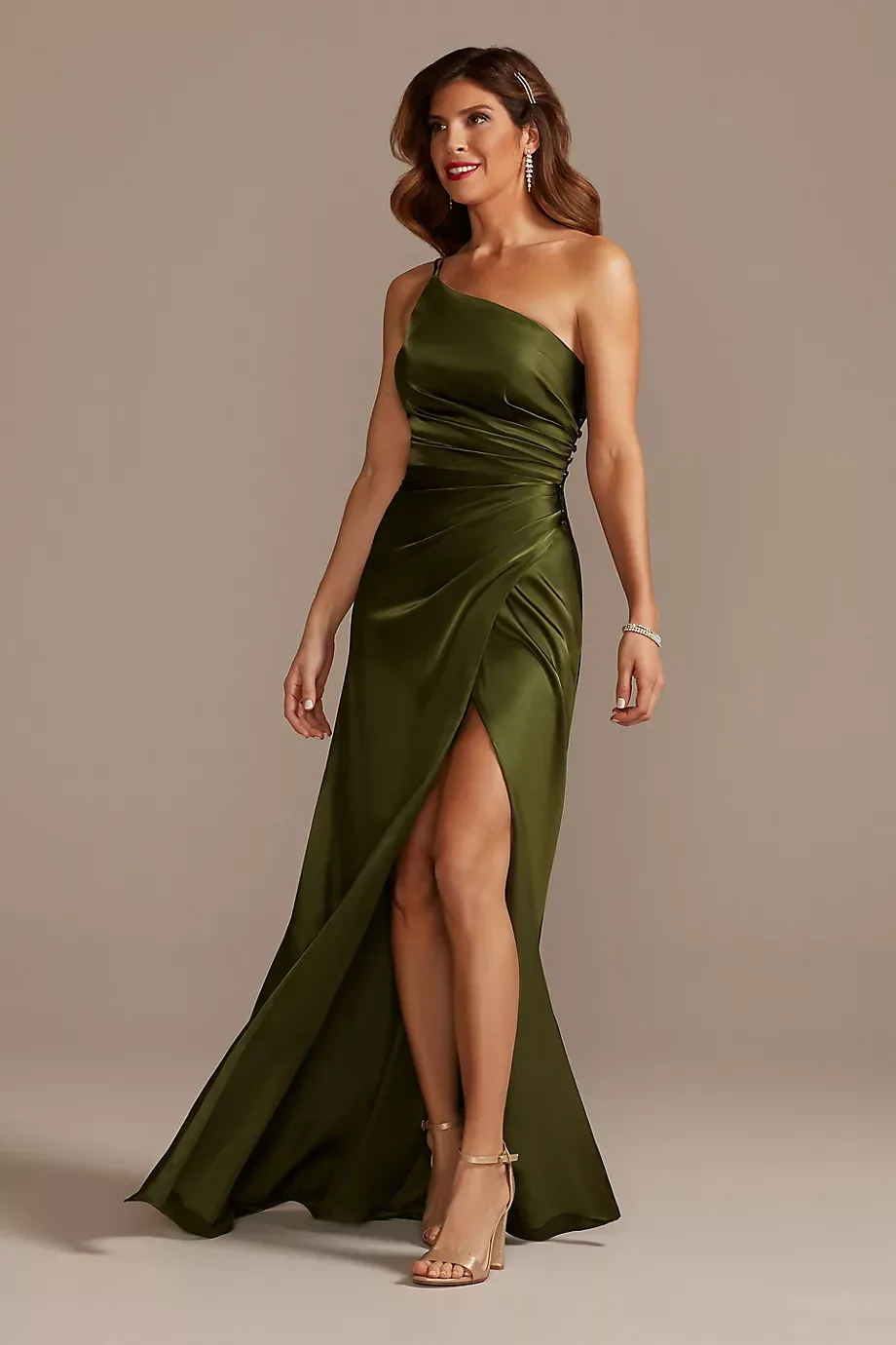 Galina Signature Charmeuse Draped One-Shoulder Dress in Martini Olive Size: 4 David's Bridal