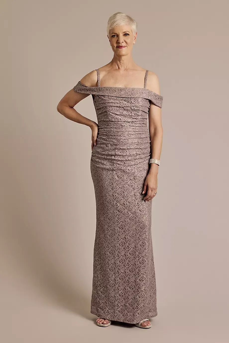 Oleg Cassini Off-The-Shoulder Ruched Lace Sheath Dress in Portobello Size: 2 David's Bridal