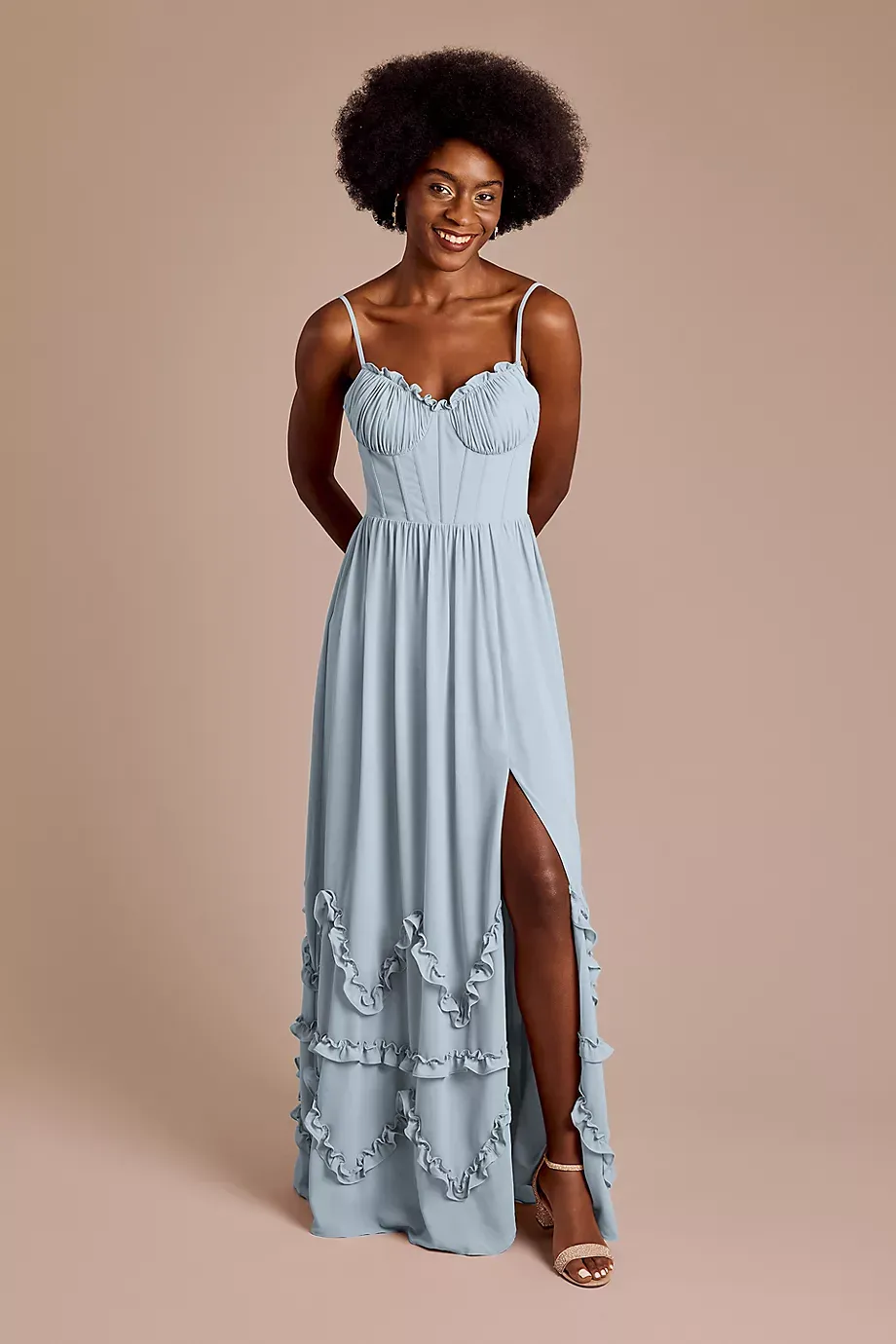 Celebrate DB Studio Ruffled Chiffon Spaghetti Strap Dress in Dusty Blue Size: 12 David's Bridal