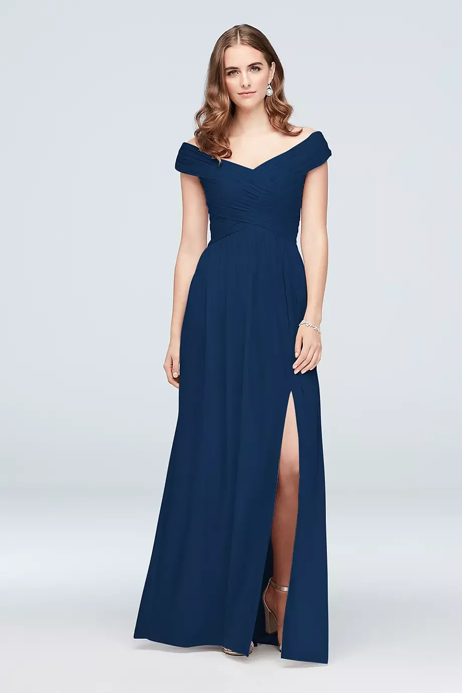 Celebrate DB Studio Off-The-Shoulder Mesh Tall Bridesmaid Dress in Marine Size: 10 David's Bridal
