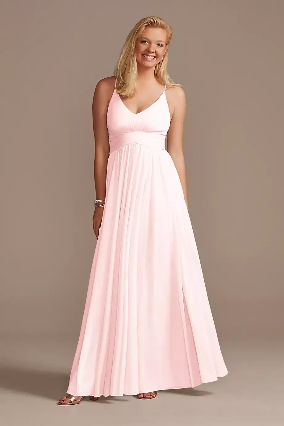 Celebrate DB Studio Mesh Cross Waist Spaghetti Strap Dress in Petal Size: 24 David's Bridal