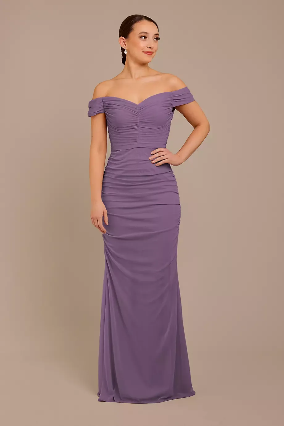 Celebrate DB Studio Mesh Off-The-Shoulder Ruched Dress in Wisteria Size: 4 David's Bridal