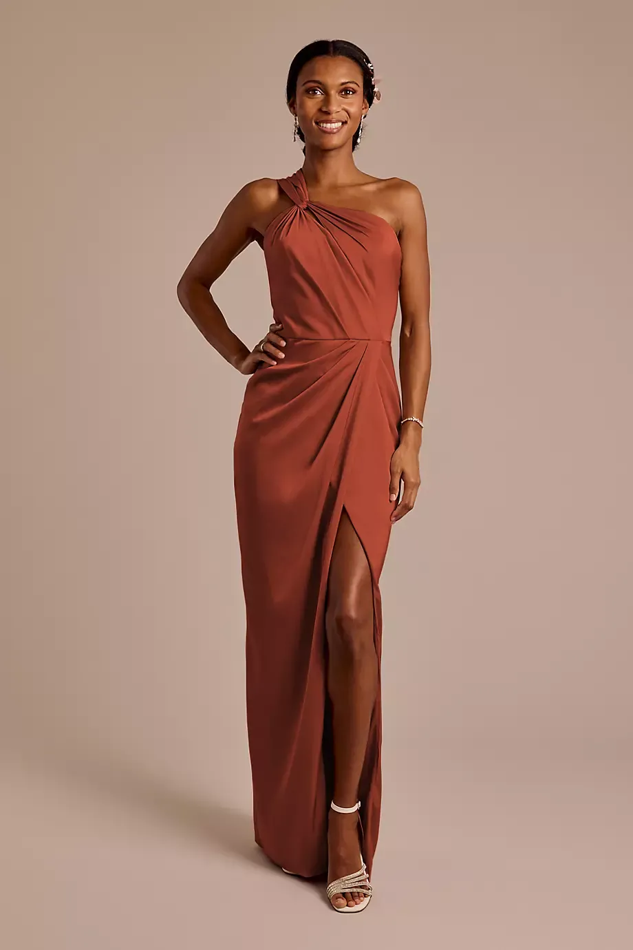 Galina Signature Matte Satin Knotted One-Shoulder Sheath Dress in Cinnamon Size: 12 David's Bridal