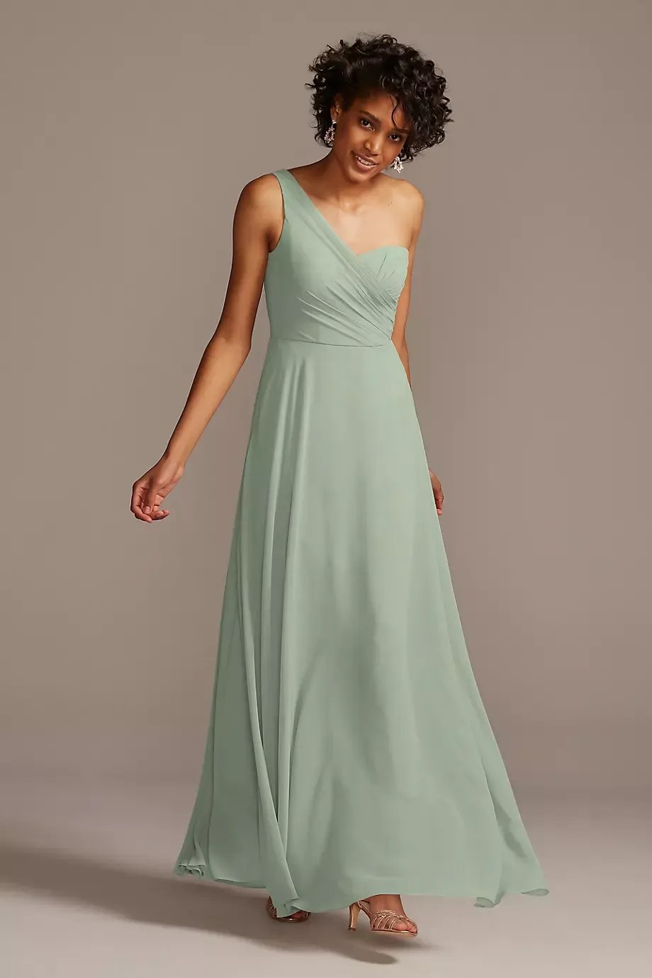 Celebrate DB Studio Full Skirt Dress With One Shoulder in Dusty Sage Size: 24 David's Bridal