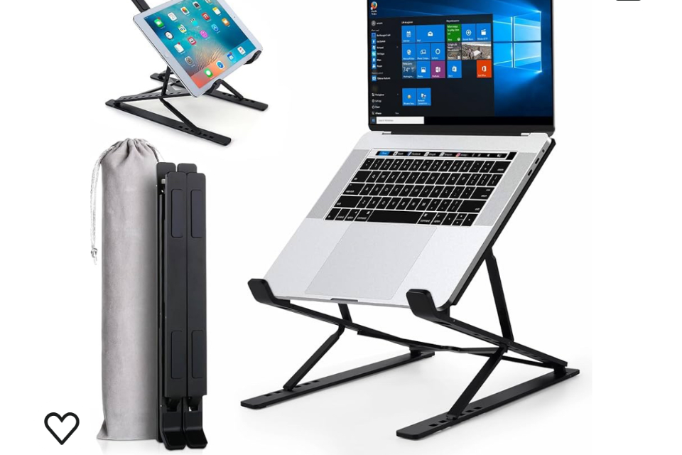 Black Travel/Foldable Laptop Stand that comes with a gray carrying bag