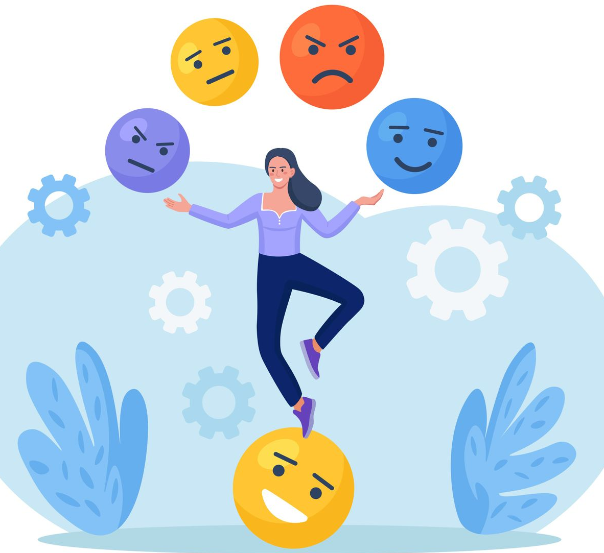 a human juggling a variety of stressful emotions while balancing on one to represent a balanced state of being through stress management