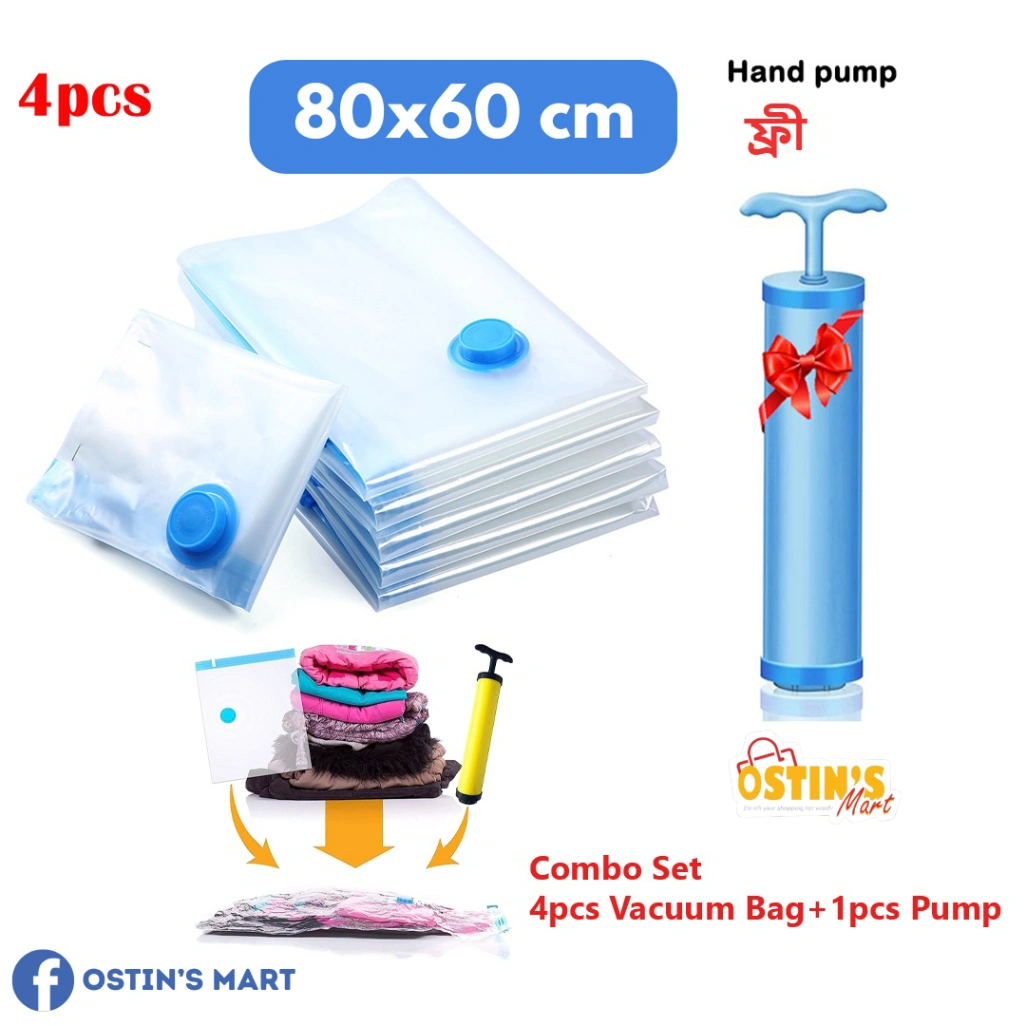 Vacuum Storage Bags( 4 Pack ) with (1 Hand Pump) - Space Saver Solution for Home Organization Size 1