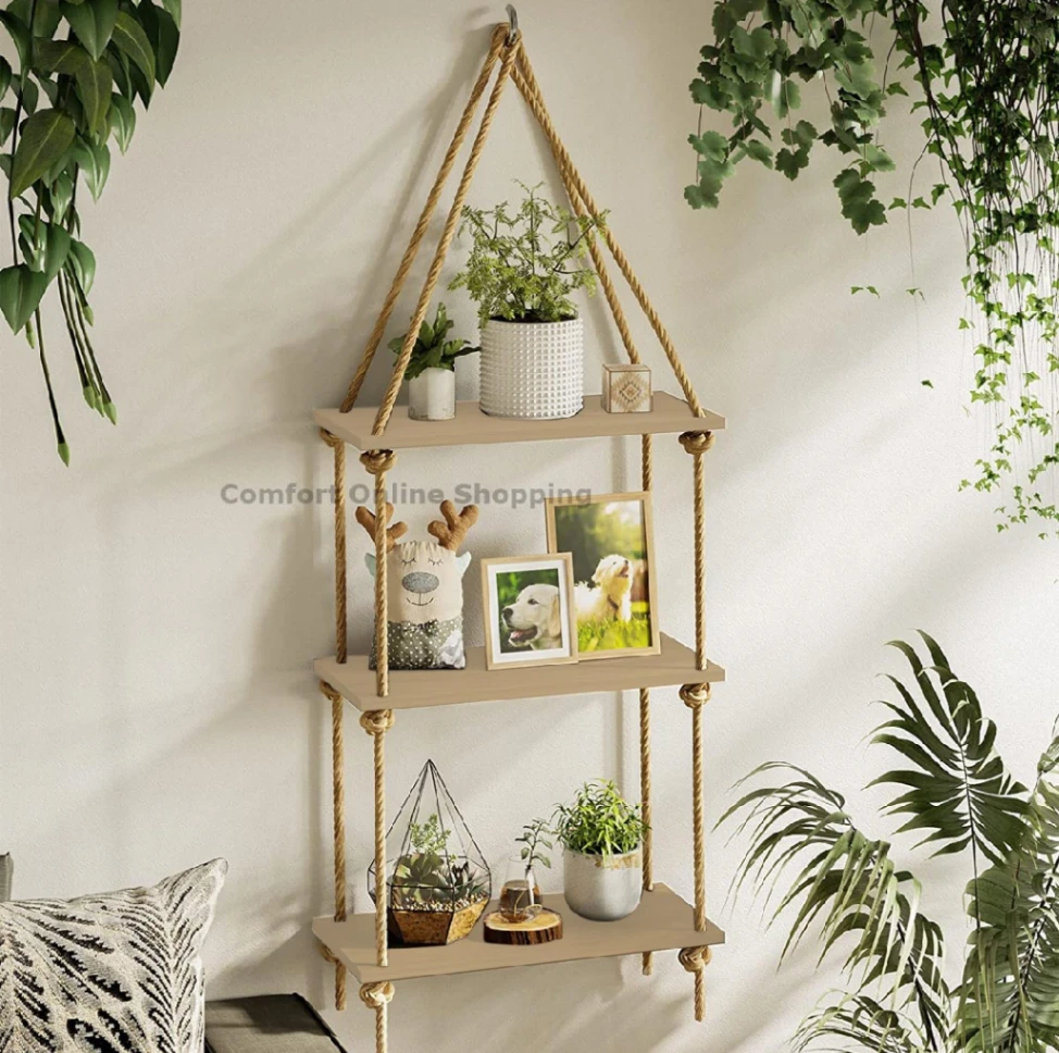 Brown 3 Tier Hanging Wall Shelves, Swing Rope Floating Shelf, Hanging Storage Shelves for Living Room&#x2F;Bedroom&#x2F;Bathroom and Kitchen 1