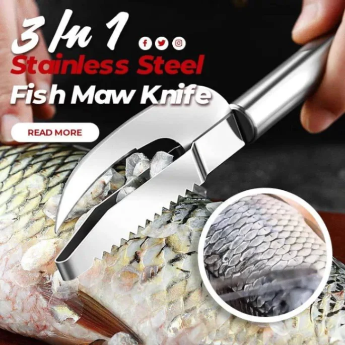 Fish Scale Knife Cut&#x2F;Scrape&#x2F;Dig 3-In-1, Fish Scale Knife, Fish Scaler Remover, 3-In-1 Fish Scaler Remover Cutter, Stainless Steel Fish Scale Remover, Stainless Steel 3 In 1 Fish Maw Knife 1