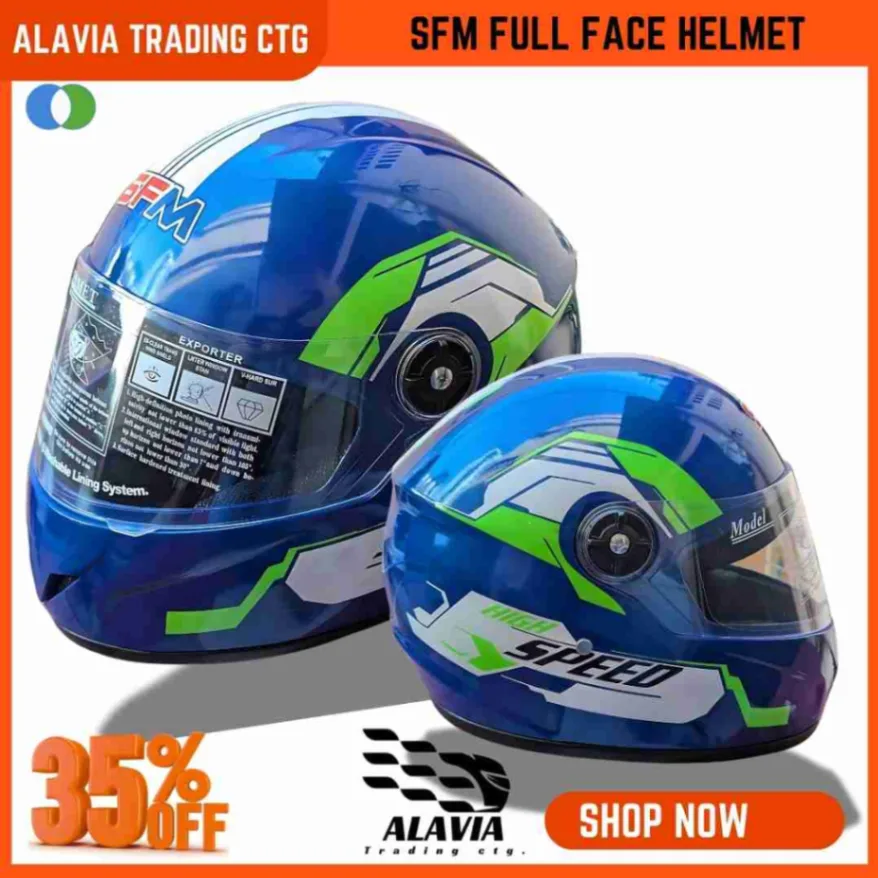 SFM High Speed Full Face Blue &amp; Green-White Graphics Unisex Motorcycle Helmet 1