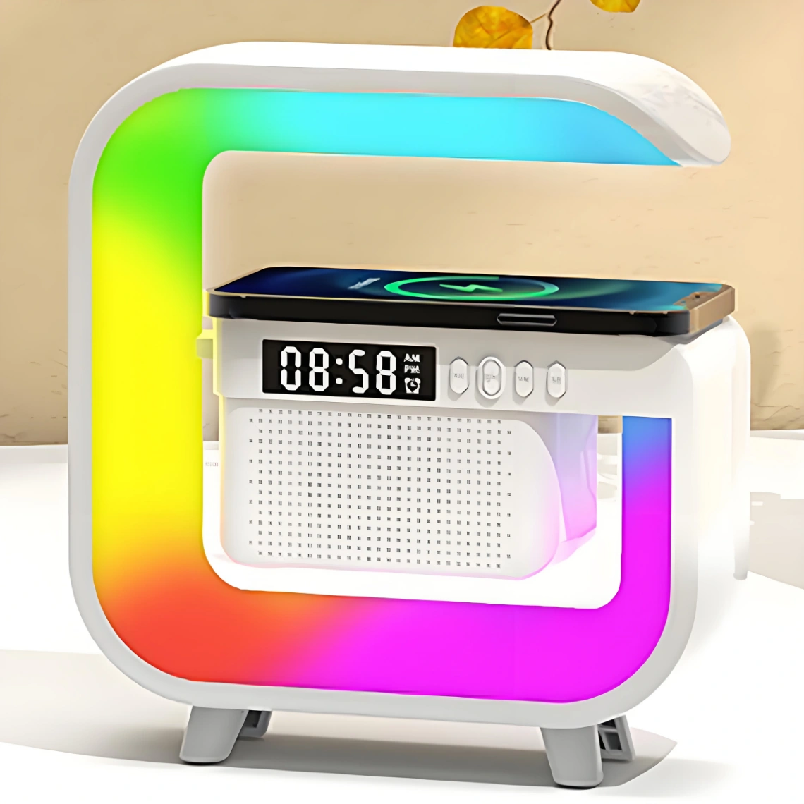 G3 Mini Colorful Wireless Charging Light Up Speaker G Shape LED Wireless Table Speaker Color Changing Alarm Clock Charger Stand Bedside Light 1