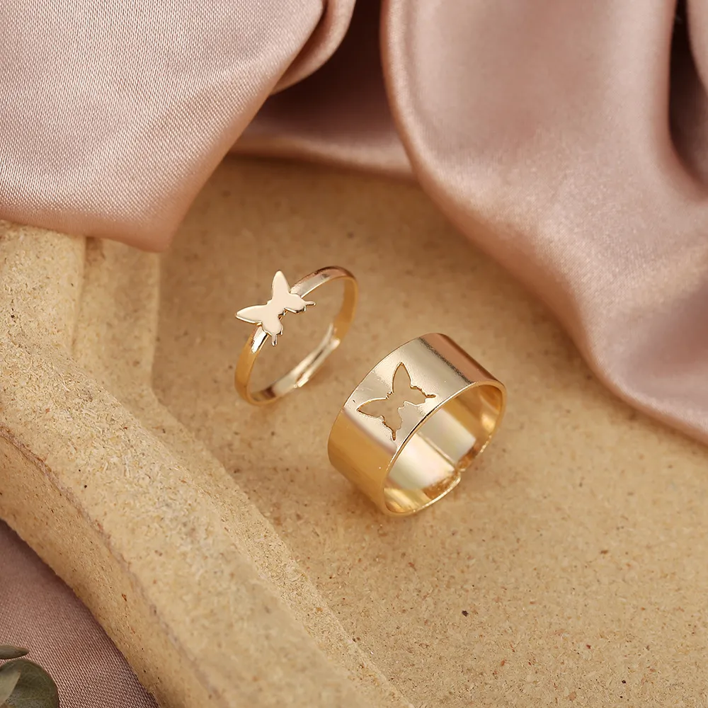 2Pcs/Set Butterfly Opening Alloy Wide Thin Hollow Couple Rings Finger Rings for Anniversary 1