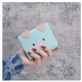 Women Girls Wallet Cute Pig Pattern Tri-Fold Wallet PU Leather Purse Slim Small Wallet Cartoon Trifold Card Holder Bag 1