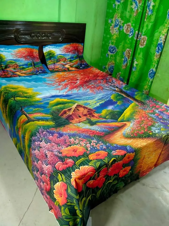 New Single Flower Double Size Panel Bed Sheet With Two Matching Design Pillow Covers For Big Bed Size 7.5×8.5 Feet 1