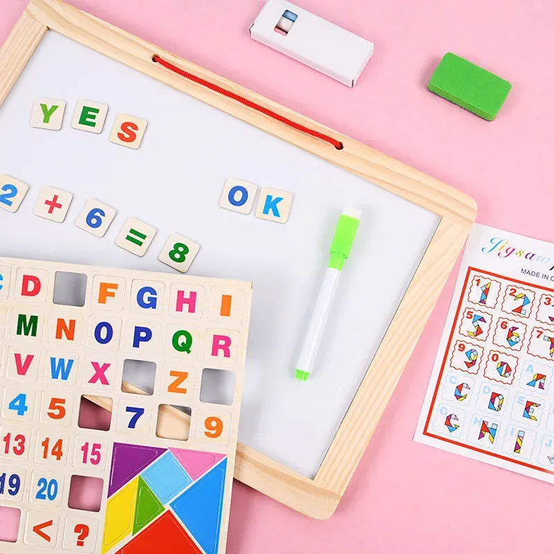 Double sided white board black board with magnetic wooden alphabet, chalk, eraser, marker and special magnetic tangram - smart tool for children learning 1