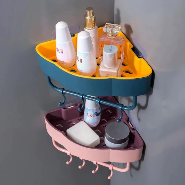 Bathroom Corner Shelf 4 Hook, Wall-Mounted Kitchen Bathroom Triangle Storage Rack 1