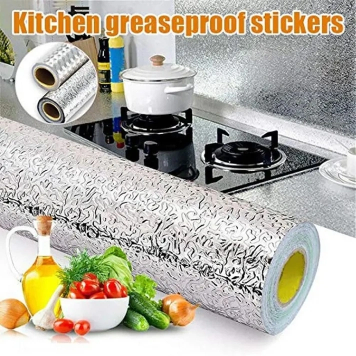 Kitchen oil resistant Sticker (Silver), Aluminum Foil Oil-Proof Sticker, Anti-fouling High-Temperature Self-Adhesive Wallpaper Wall Sticker 2