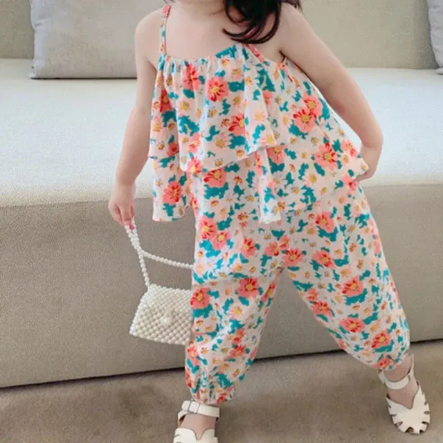 2Pcs Set Girl Clothes Girls Fashion Summer Clothing Set Floral Sleeveless Kids Blouse Top Pants 4