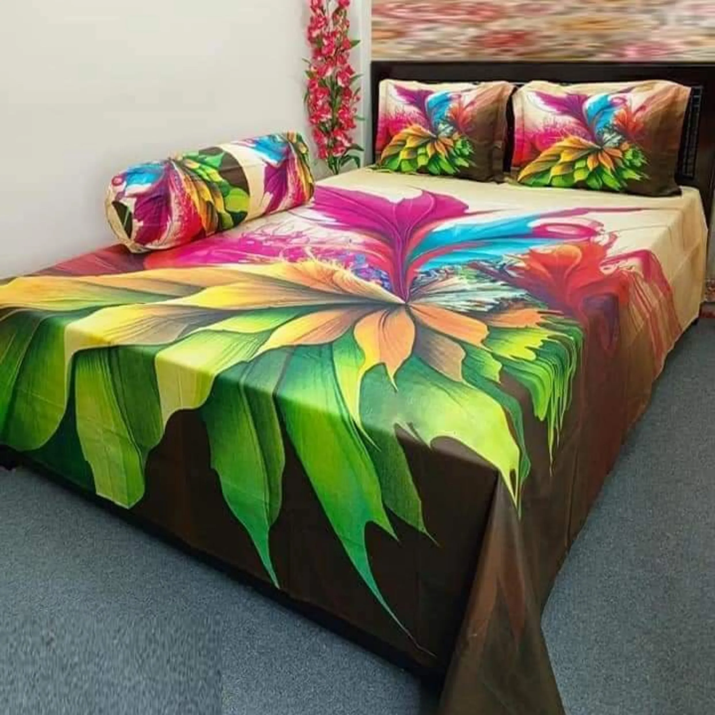 luxury panel cotton double size twill panel bed sheet size 7 4 8 3 feet King size with two pillow cover 3