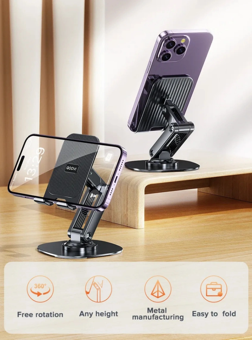 BY-556 Fully Adjustable Foldable Alloy Desktop Phone Holder Adjustable Angle Height 360 Degree Rotating Cradle Dock Mobile Stand Compatible With All Mobile&#x2F;Tablet Devices Under 4