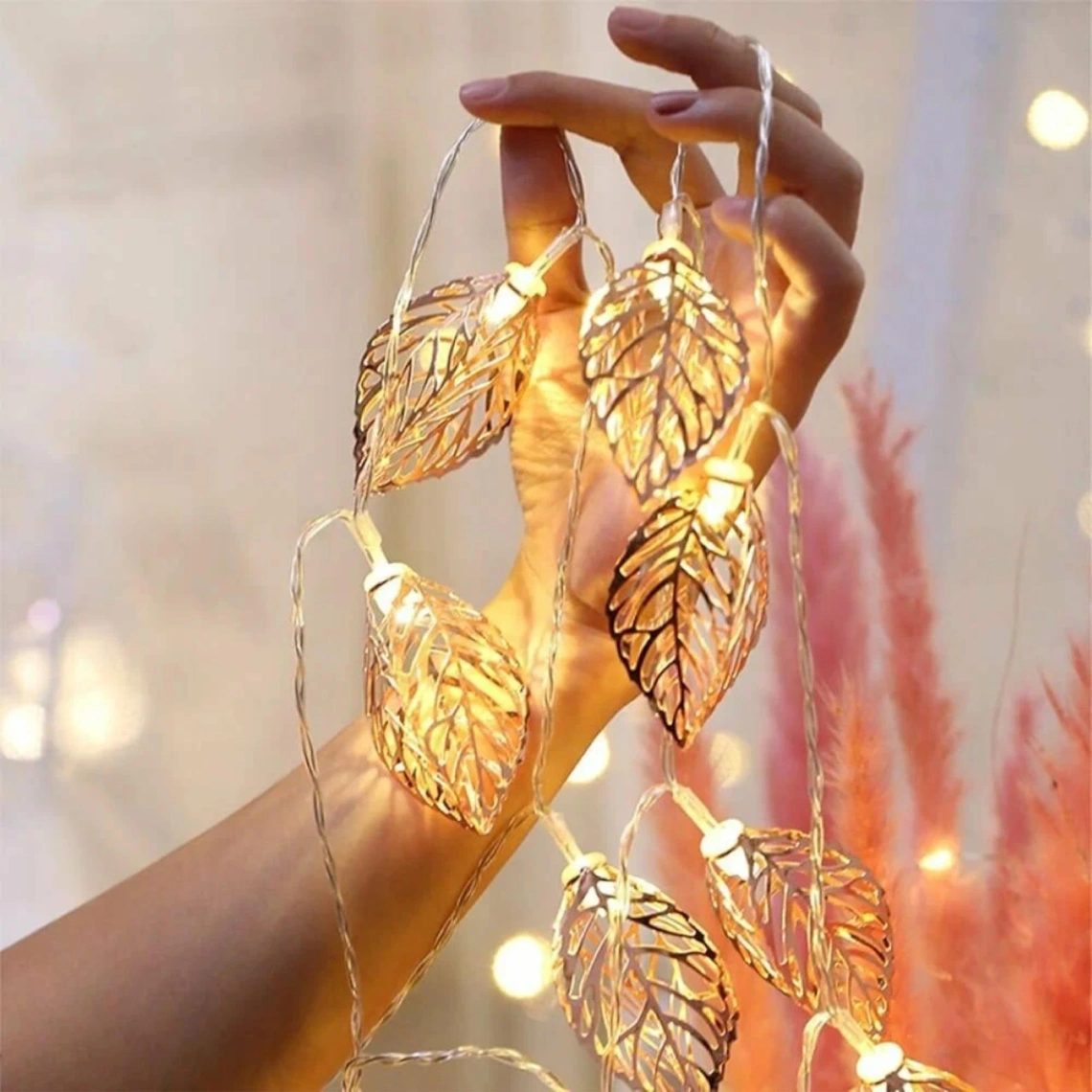Golden 3D Leaf Metal Fairy String Lights – LED Decorative Bulb Lantern for Home, Wedding &amp; Party 3
