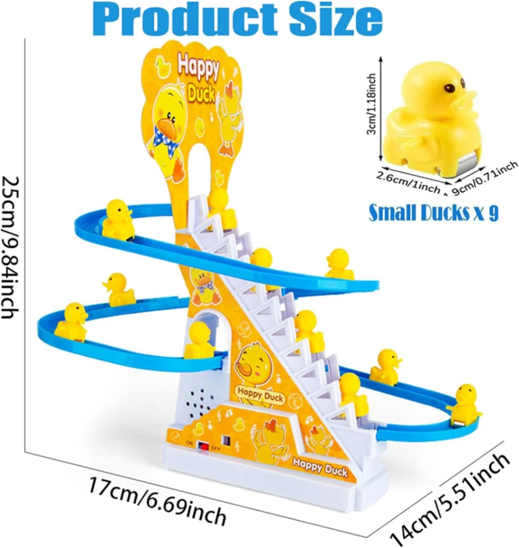 Electric Duck Climbing Stairs Toy with LED Lights &amp; Music – Fun Roller Coaster Set for Kids 5