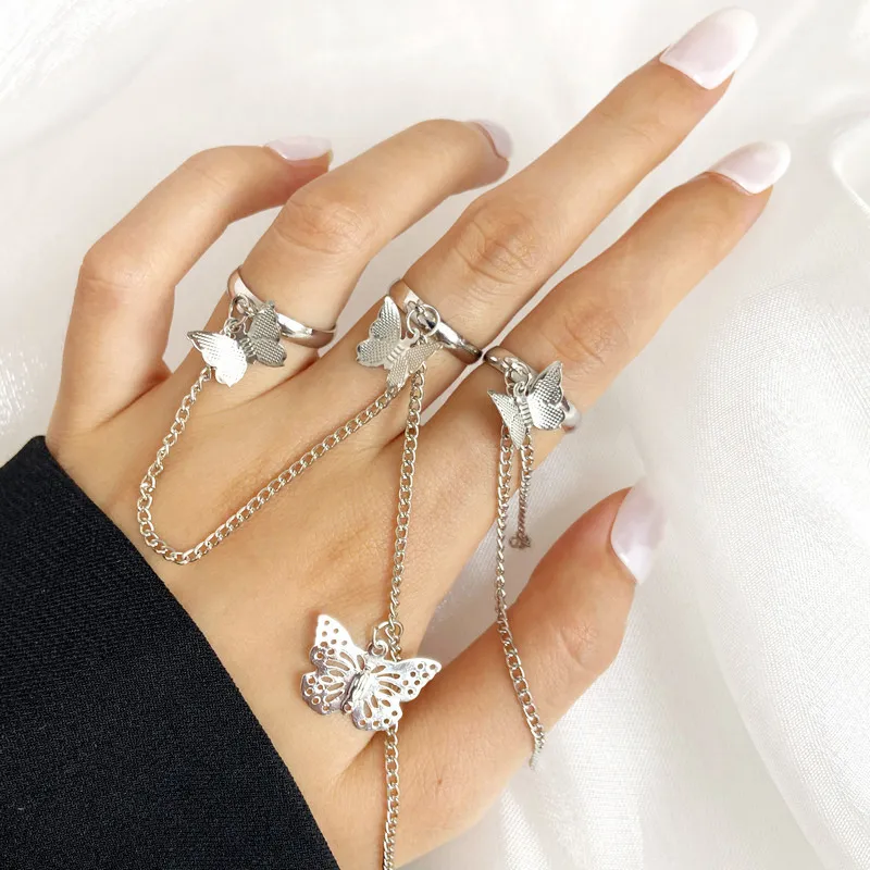 Gold Zircon Butterfly Chain Open Rings For Women Girls Sweet Elegant Tassel Rings Wedding Engagement Party Jewelry Gifts 3