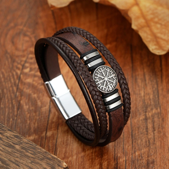 Cross-border braided leather rope leather bracelet Viking compass round brand European and American fashion punk style multi-layer men&#x27;s bracelet new 6
