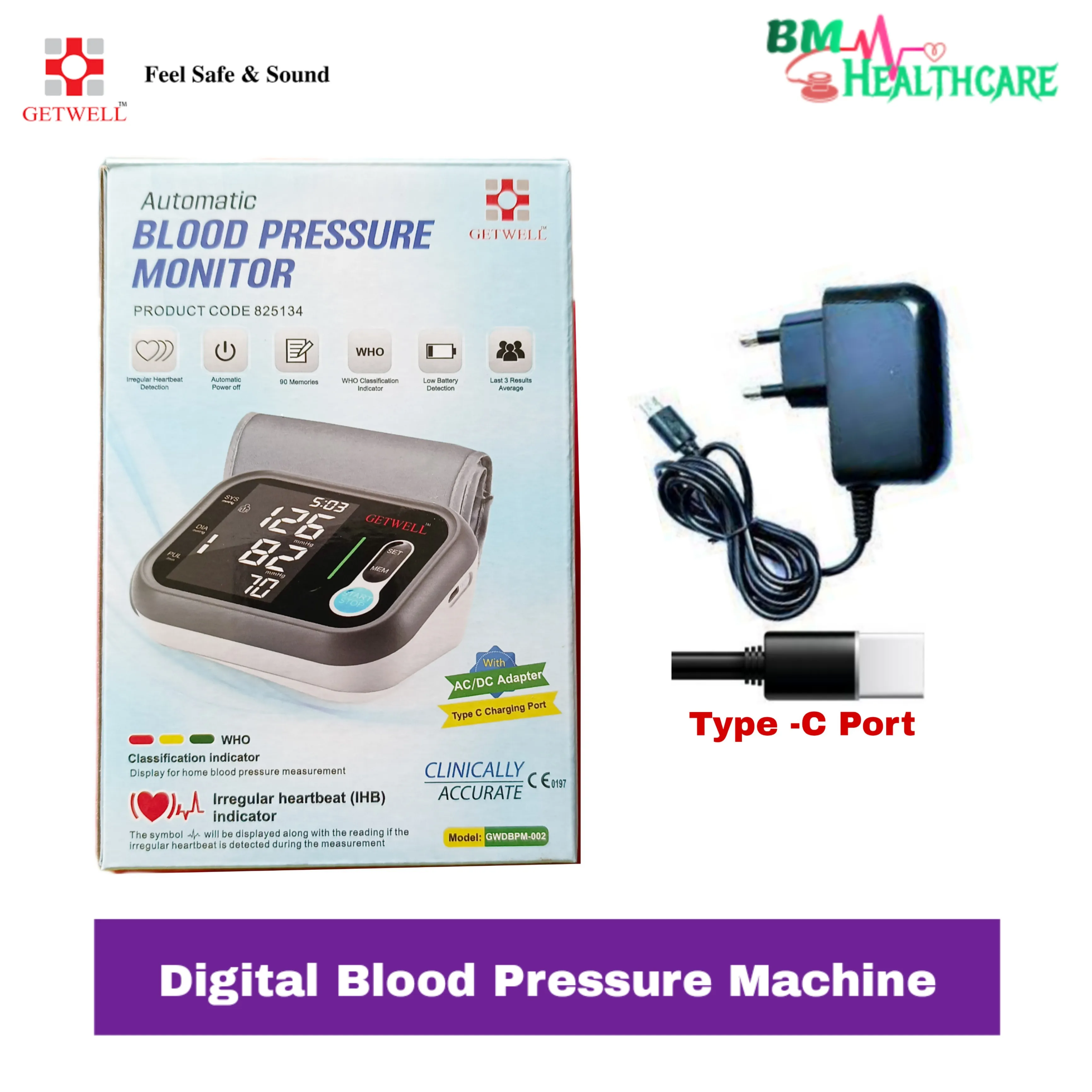 Getwell Digital Blood Pressure Monitor Set Sphygmomanometer - Automatic BP Machine Set with Free Electrical Adapter 3