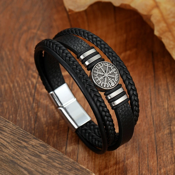 Cross-border braided leather rope leather bracelet Viking compass round brand European and American fashion punk style multi-layer men&#x27;s bracelet new 3