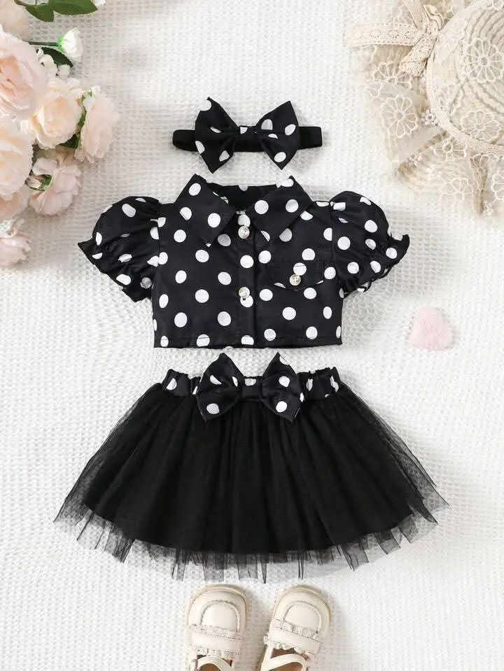 Adorable Polka Dot Puff Sleeve Baby Girl Outfit with Tulle Skirt Matching Headband 3 Colors 3