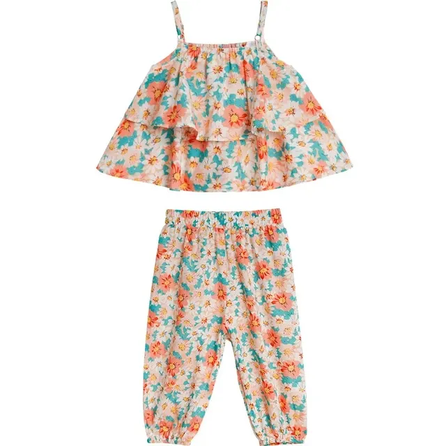 2Pcs Set Girl Clothes Girls Fashion Summer Clothing Set Floral Sleeveless Kids Blouse Top Pants 5