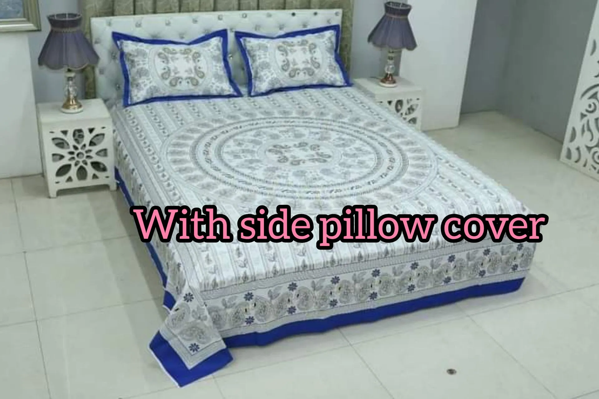 Eid collection luxury cotton double size twill panel bed sheet size 7 5 8 5 King size with two pillow cover best quality 1