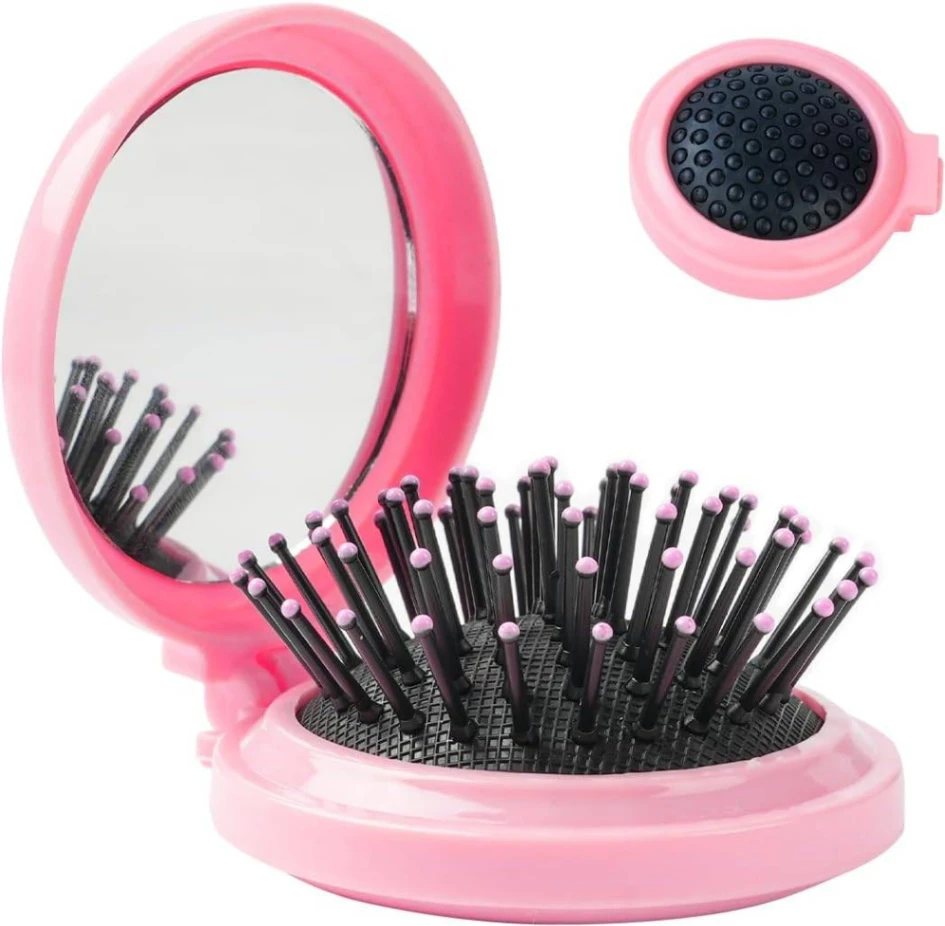 2 In 1 Folding Hair Brush with Mirror,Compact Travel Hair Brush, Portable Travel Brushes for Hair, Folding Hair Brush with Makeup Mirror, Round Hair Massage Comb for Women Girls 7