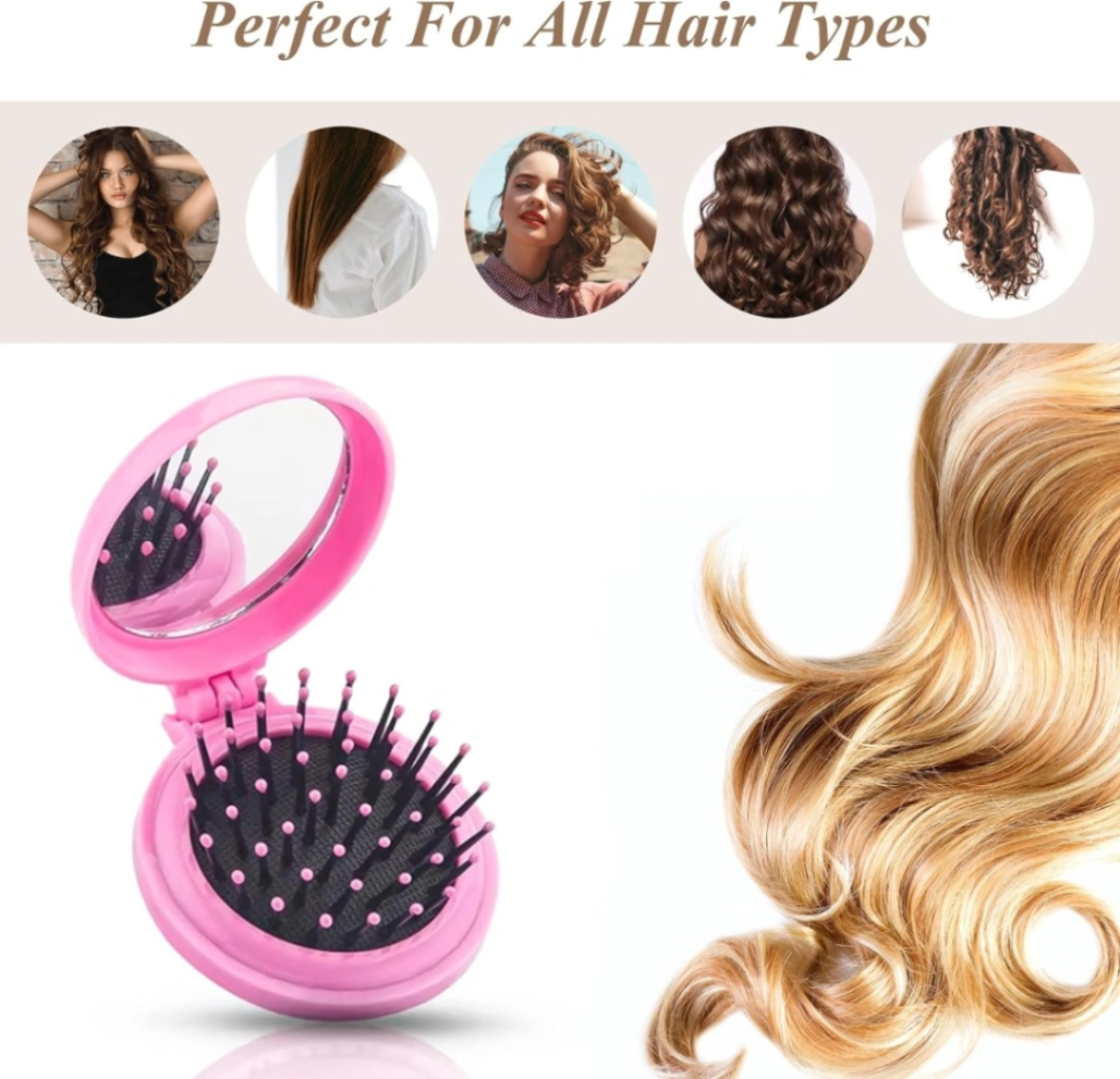 2 In 1 Folding Hair Brush with Mirror,Compact Travel Hair Brush, Portable Travel Brushes for Hair, Folding Hair Brush with Makeup Mirror, Round Hair Massage Comb for Women Girls 5