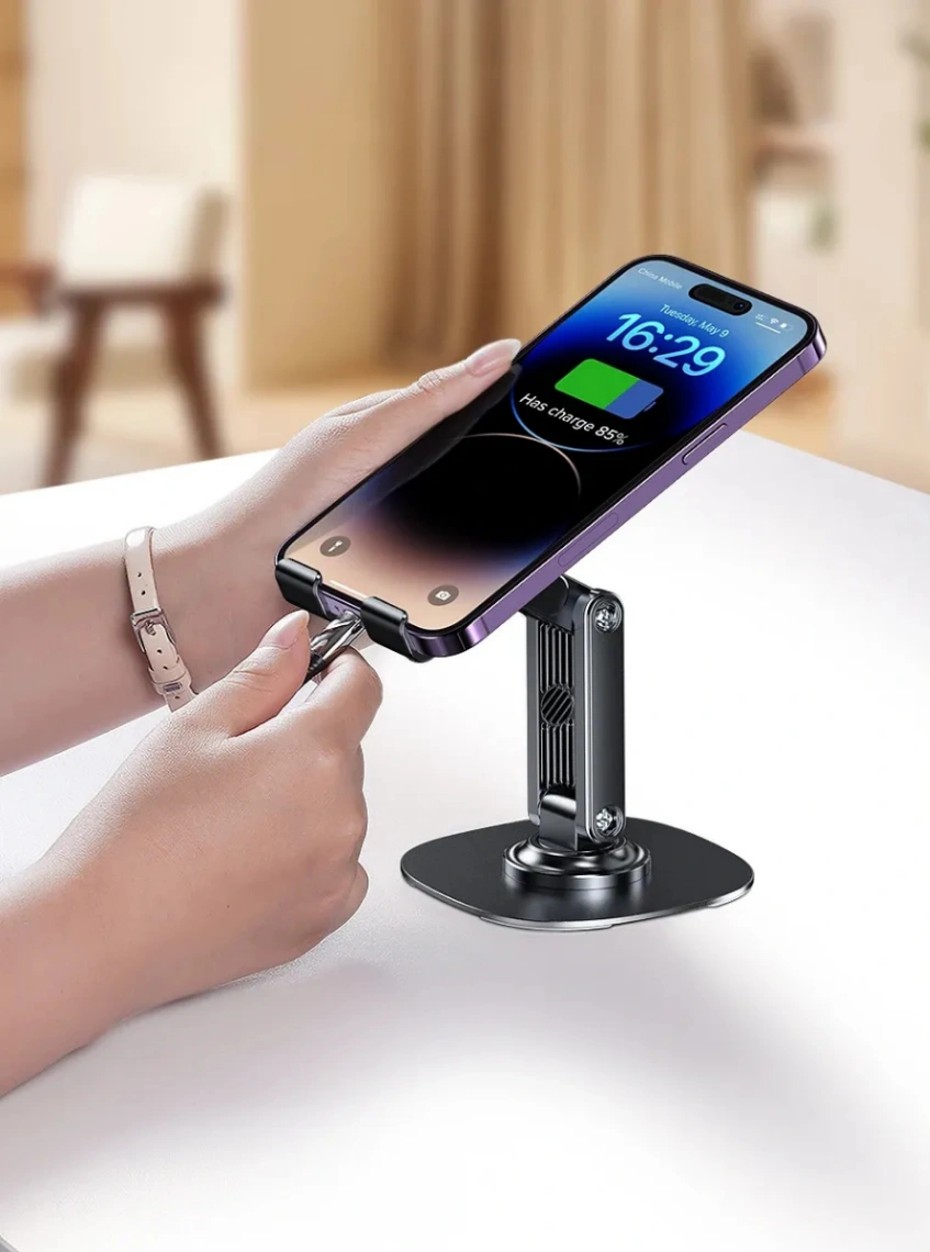 BY-556 Fully Adjustable Foldable Alloy Desktop Phone Holder Adjustable Angle Height 360 Degree Rotating Cradle Dock Mobile Stand Compatible With All Mobile&#x2F;Tablet Devices Under 5
