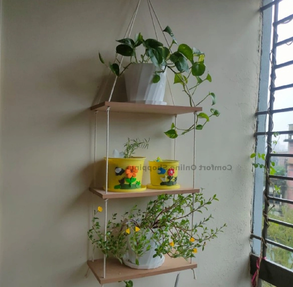 Brown 3 Tier Hanging Wall Shelves, Swing Rope Floating Shelf, Hanging Storage Shelves for Living Room&#x2F;Bedroom&#x2F;Bathroom and Kitchen 2