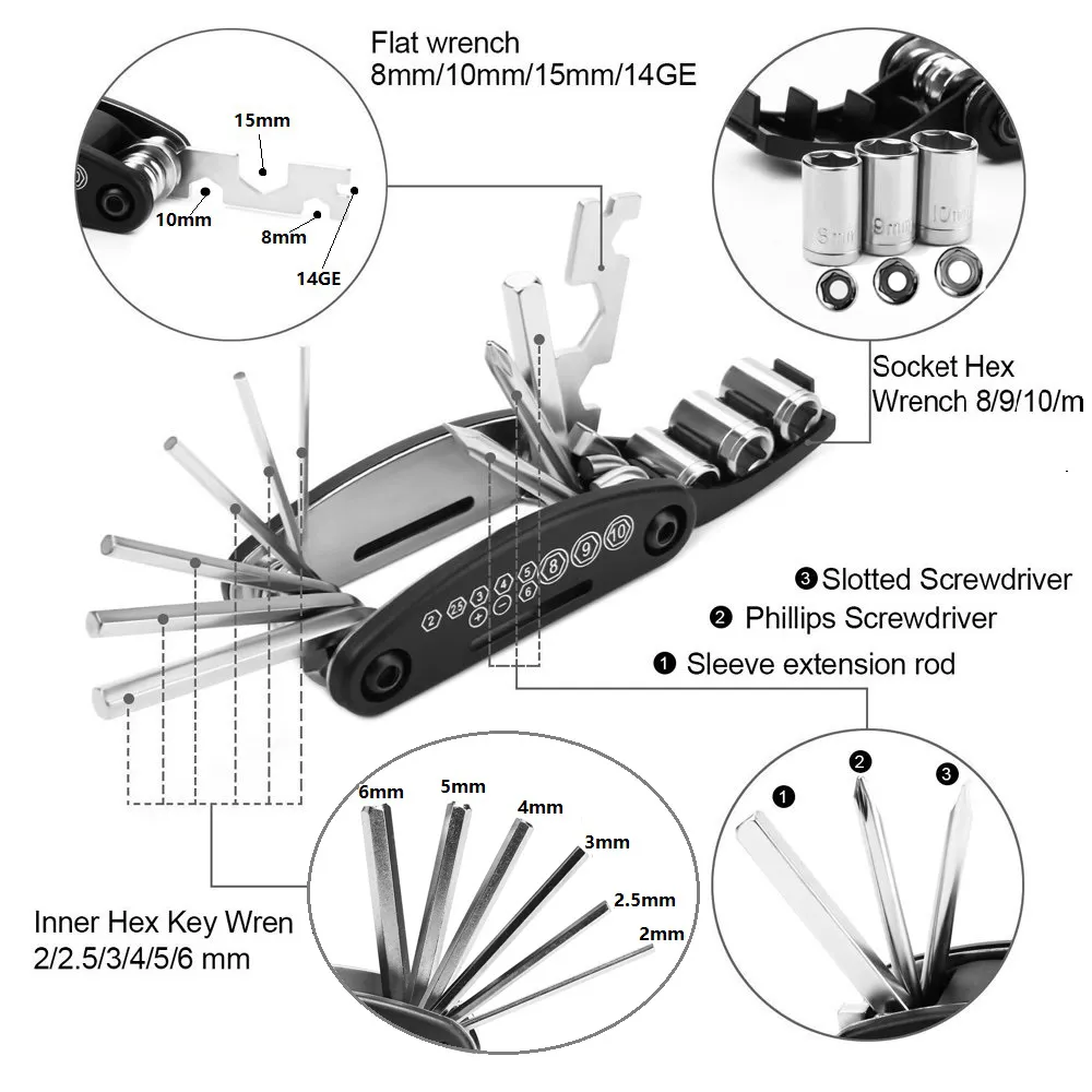Bike Repair Tool Kit 16 in 1 Portable Socket Multipurpose Wrench Bicycle Multi Tool 1
