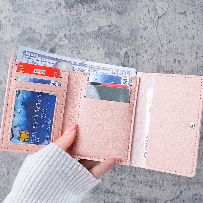 Image of Women Wallet Cute Cat Short Wallet Leather Small Purse Girls Money Bag Card Holder Ladies Female-Pink