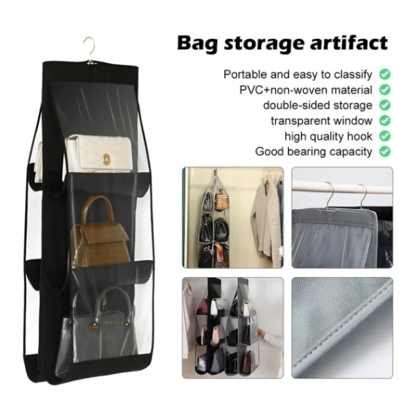 6 Pocket Hanging Organizer, Dust-Proof Storage Bag Holder, Hanging Handbag Organizer 6