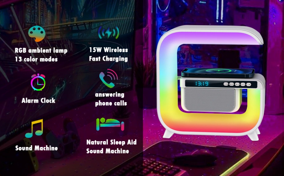 G3 Mini Colorful Wireless Charging Light Up Speaker G Shape LED Wireless Table Speaker Color Changing Alarm Clock Charger Stand Bedside Light 3