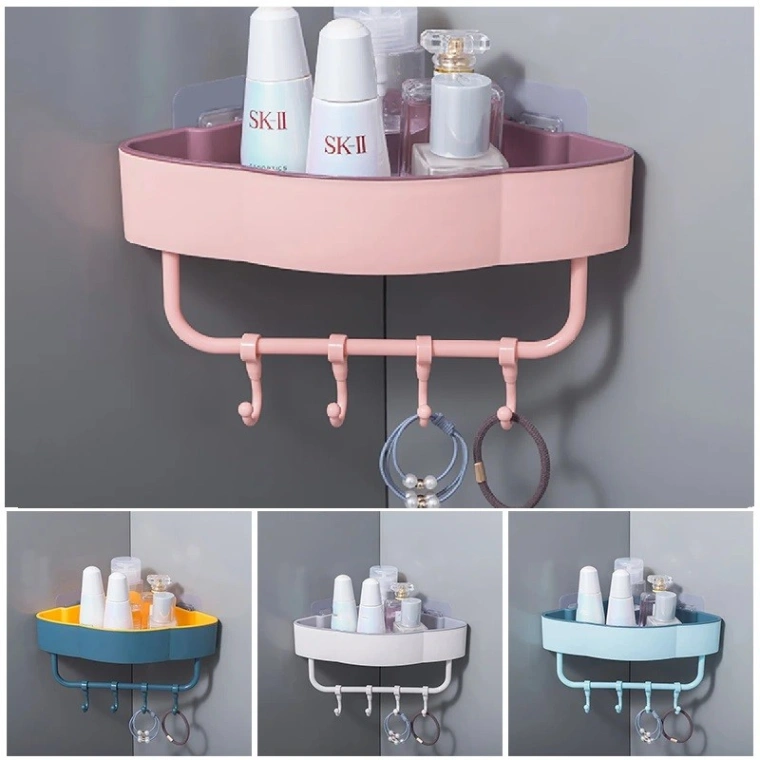 Bathroom Corner Shelf 4 Hook, Wall-Mounted Kitchen Bathroom Triangle Storage Rack 5
