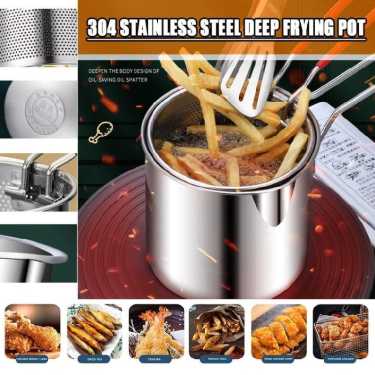 Stainless Steel Deep Frying Pot with Strainer Chicken Fried Pans Kitchen Cooking Tool 4