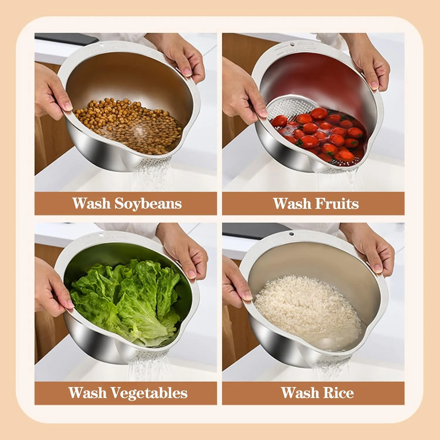 Stainless Steel Rice Washing Bowl / Colander – 304 Stainless Steel Rice Sharpener Bowl 6