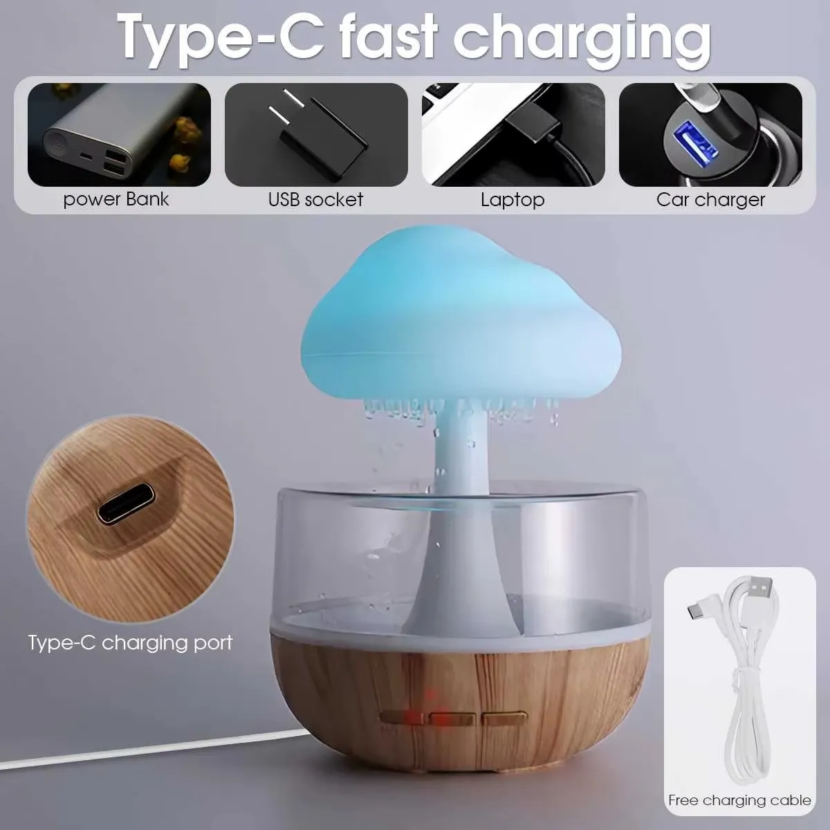 Rain Cloud Humidifier USB Night Light for Room Office Aroma Diffuser Water Drop Sound 5